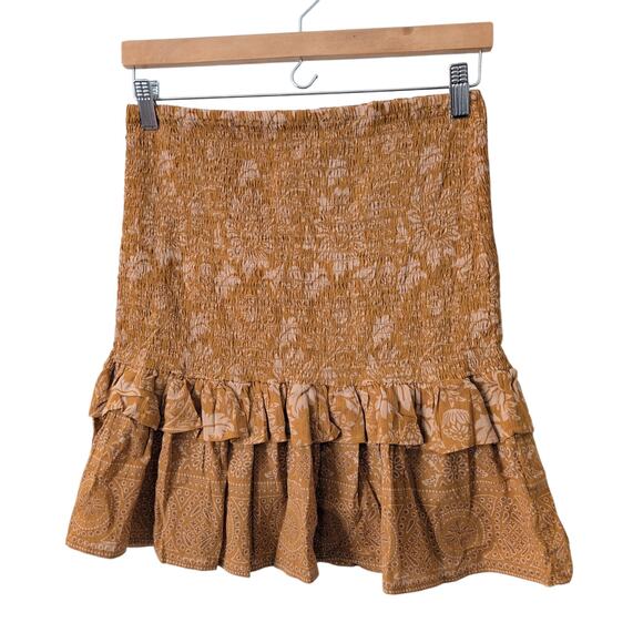 Spell & The Gypsy Lioness Ruched Mini Skirt Ruffle Smocked Caramel Tan Medium - Picture 7 of 14